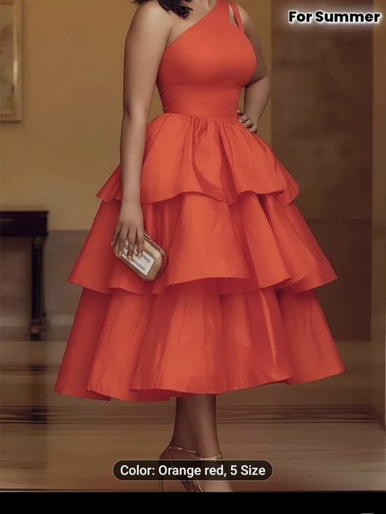 Dresses & Skirts - Tiered One-Shoulder Midi Dress in Vibrant Orange